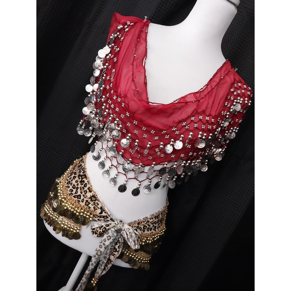 BELLY DANCER! 2 DIFFERENT COIN SCARVES, HIP WRAPS! RICH RED & LEOPARD, 2!
